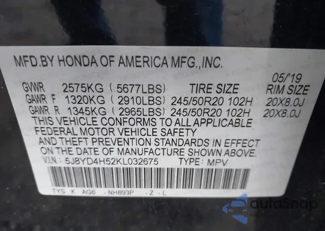 2019 Acura Mdx Technology Pkg z USA, uszkodzony, nr VIN 5J8YD4H52KL032675